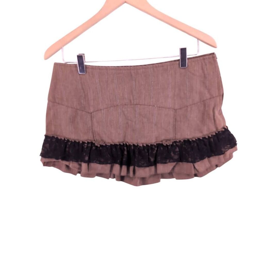 VTG Y2K Iris Sara May Pinstripe Lace RuffleMicro Mini Skirt L Hand Sewn Bali Ind